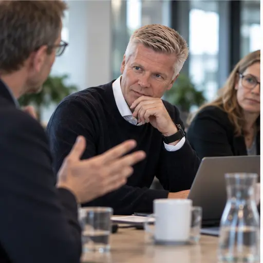 Peter Brandt-Clausen lytter til en kollega